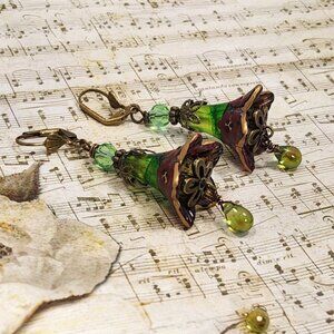 Green Brown Hand Painted Lucite Red Flower Earrings